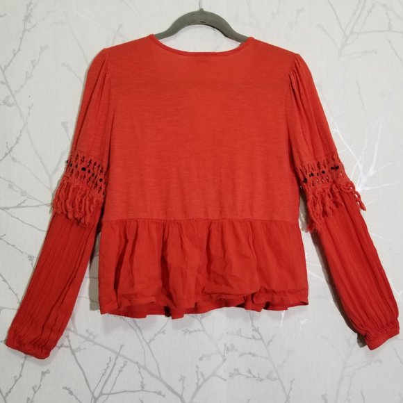 Lucky Brand Orange Cutout Fringe Peasant Blouse - Picture 3 of 4